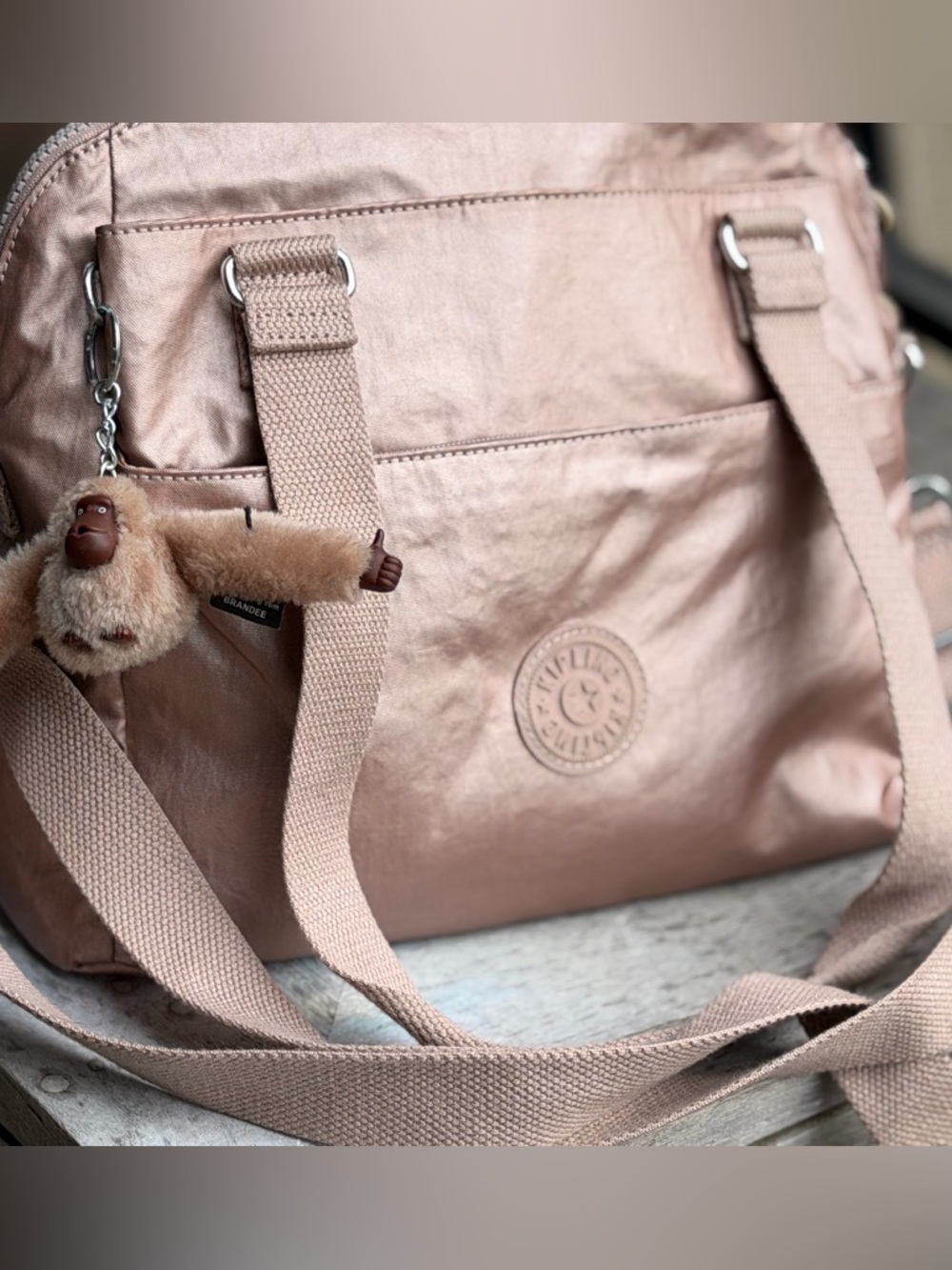 Kipling Metallic Shoulder Bag with Monkey Keychain